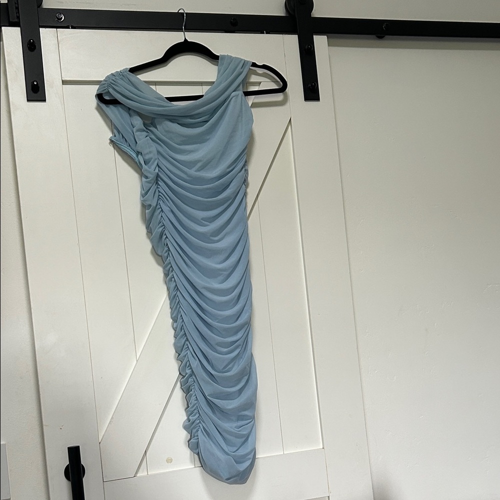 Fashion Nova Light Blue off the Shoulder Dress.  Very flattering, true to size.